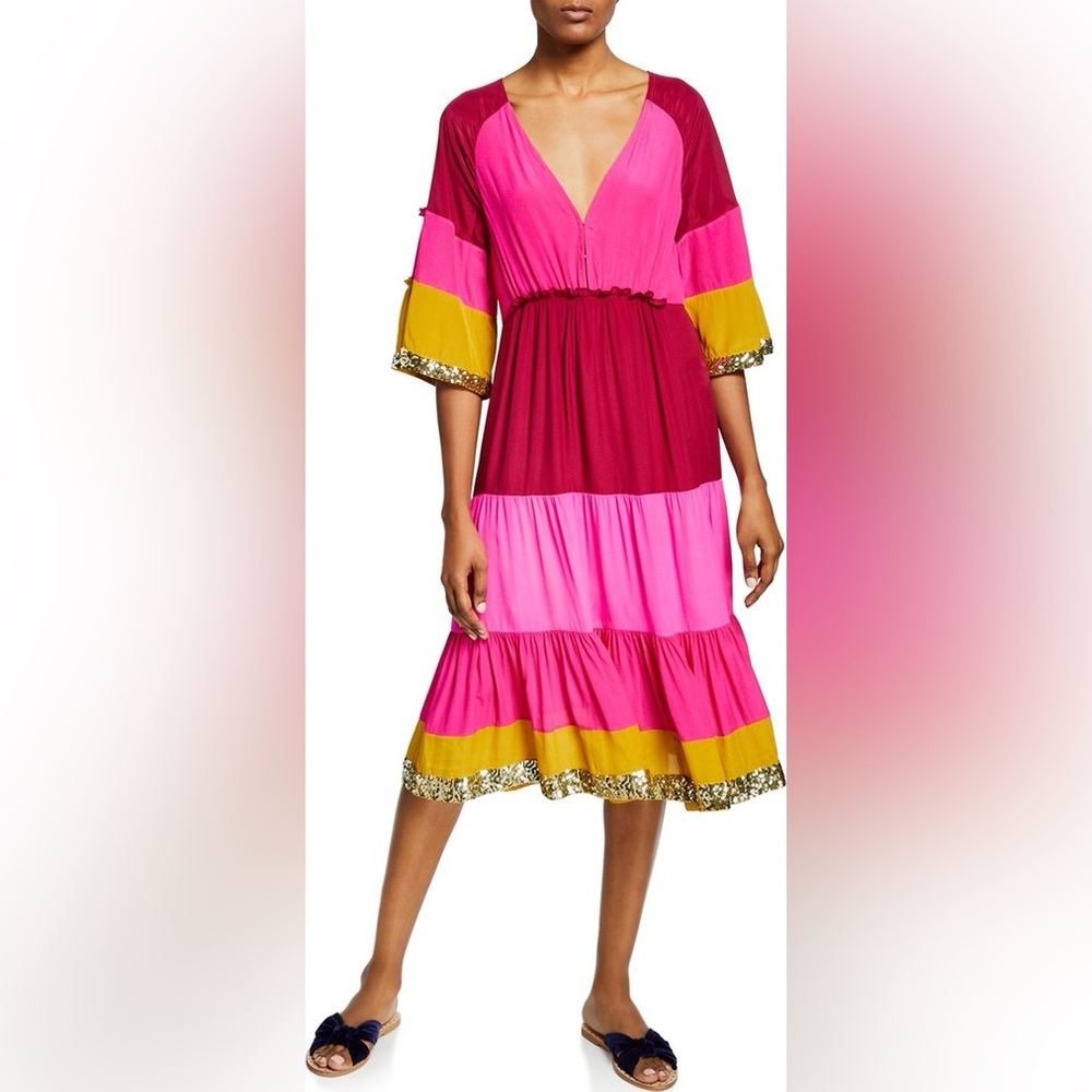 Figue Silk Crepe Pink Colorblock Gold Sequin Trim Midi Dress Bohemian | S